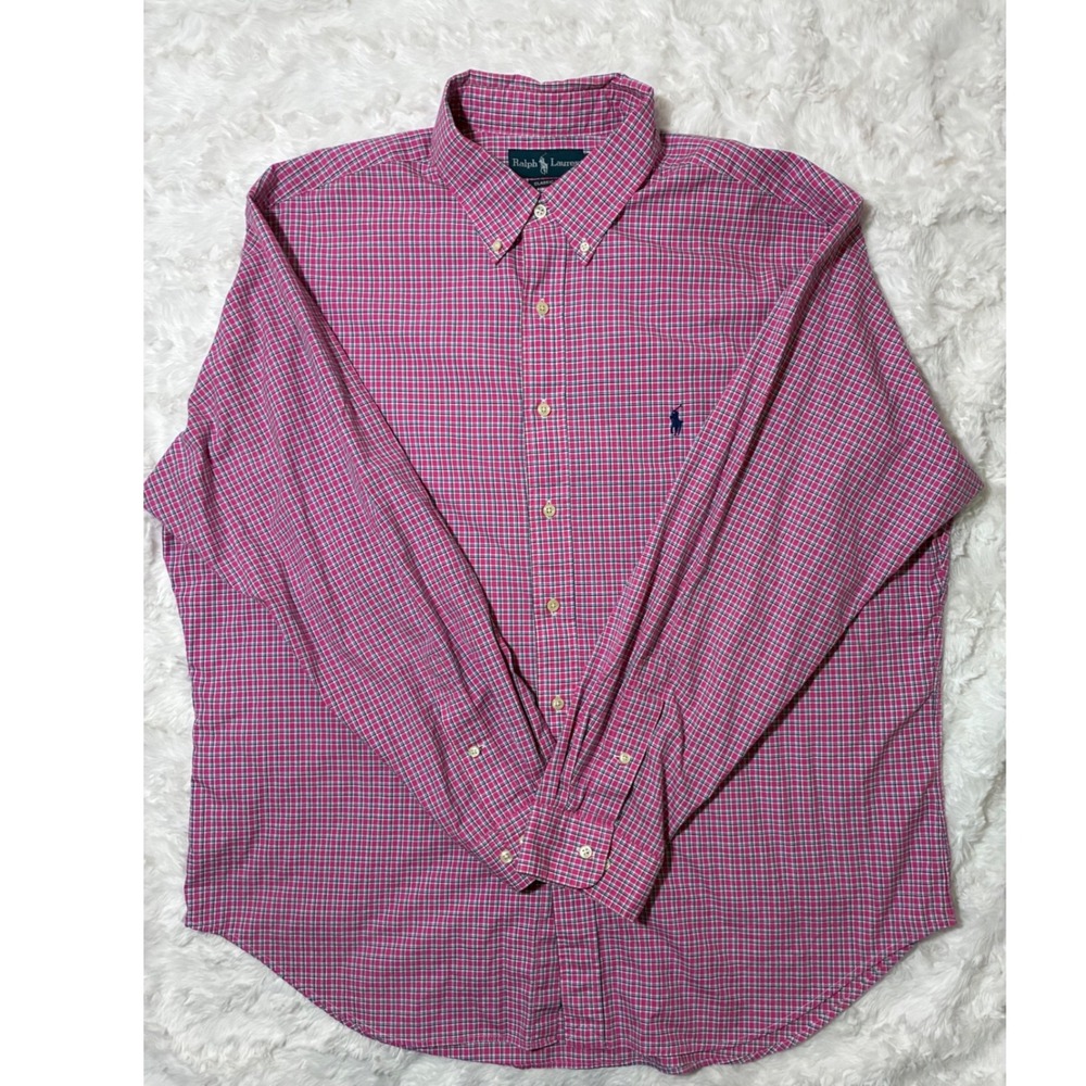 Ralph‎ Lauren Mens Classic Fit Plaid Button Down Shirt Pink Blue 18 34/35 XL